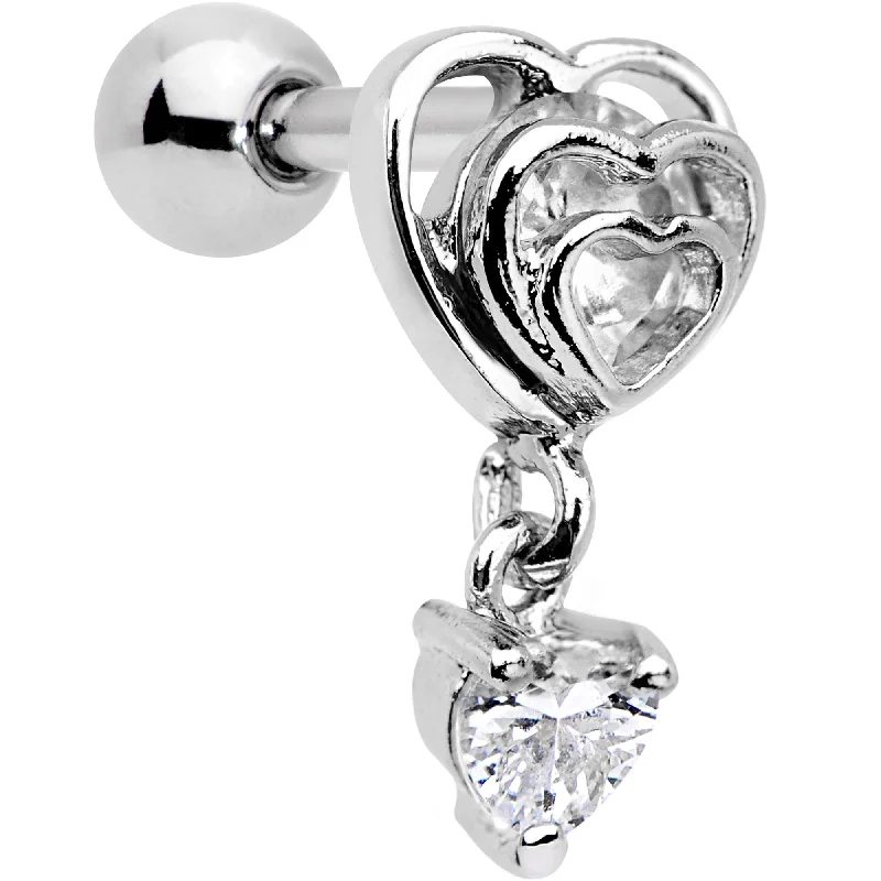 1/4 Clear CZ Gem Triple Heart Dangle Cartilage Tragus Earring