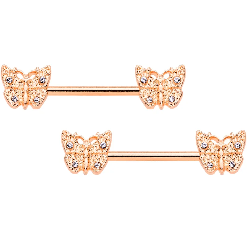 14 Gauge 9/16 Clear Gem Rose Gold Tone Butterfly Nipple Ring Set