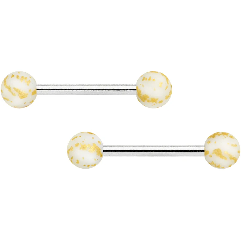 14 Gauge 9/16 Matte White Splatter Barbell Nipple Ring Set