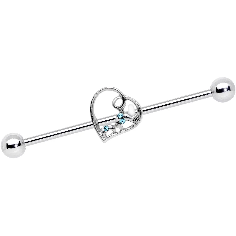 14 Gauge Aqua Gem Valentines Day Heart Industrial Barbell 38mm