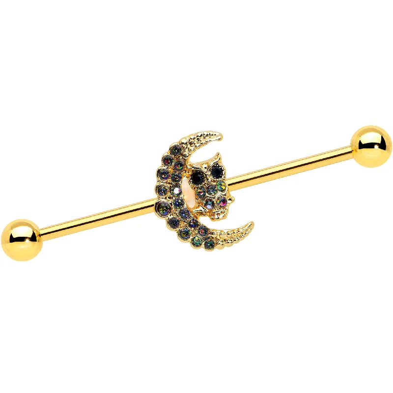 14 Gauge Aurora Black Gem Gold Tone Owl Moon Industrial Barbell 38mm