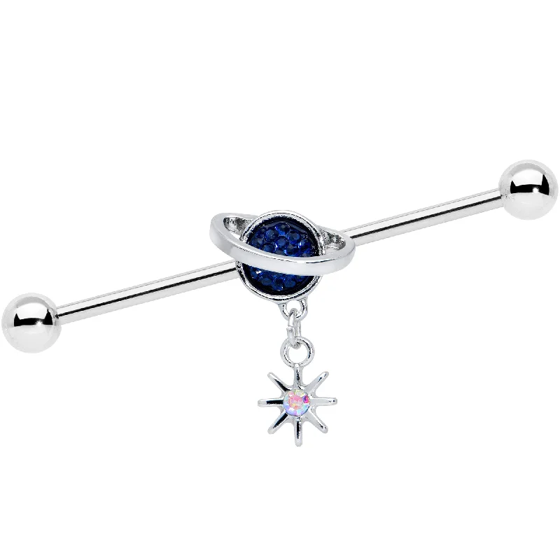 14 Gauge Aurora Blue Gem Saturn Star Dangle Industrial Barbell 38mm