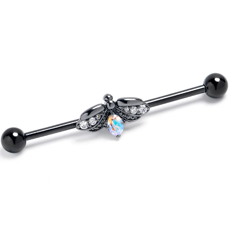 14 Gauge Aurora Clear Gem Black Gothic Butterfly Industrial Barbell 38mm