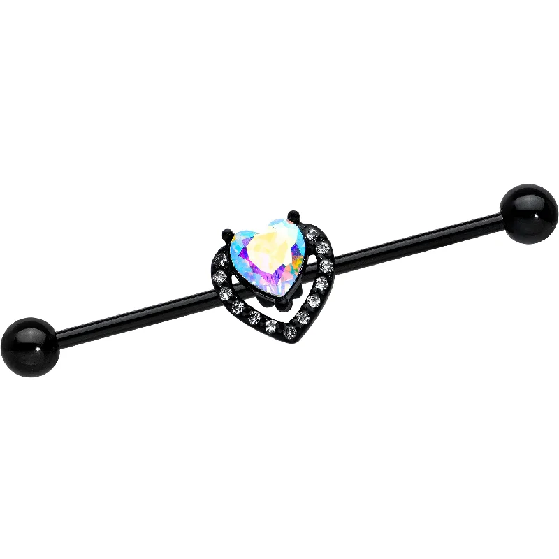 14 Gauge Aurora Clear Gem Black Rococo Heart Industrial Barbell 38mm