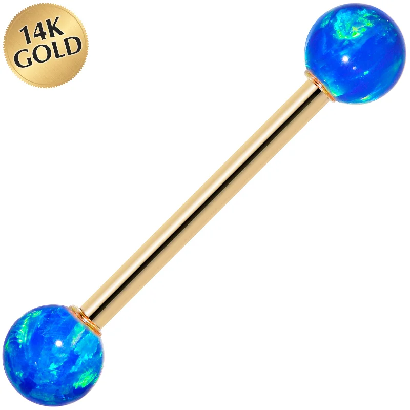 14kt Yellow Gold 5mm Blue Synthetic Opal Barbell Tongue Ring 14 Gauge 5/8