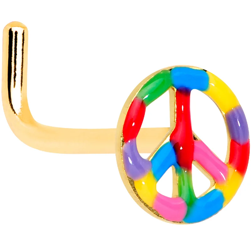 18 Gauge 5/16 Gold Tone Rainbow Hippie Peace Sign L Shaped Nose Ring