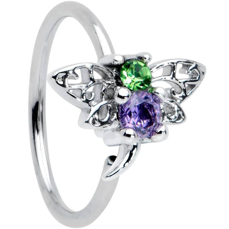 20 Gauge 5/16 Green Purple Gem Dragonfly Nose Hoop