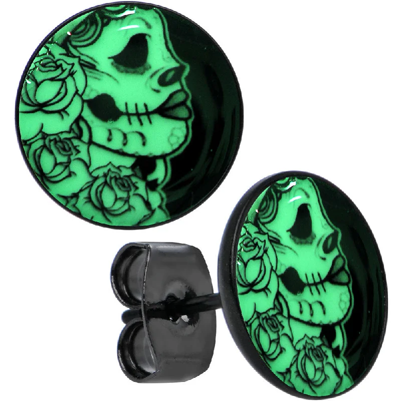 Black Anodized Gothic Rose Flower Skull Glow in the Dark Stud Earrings