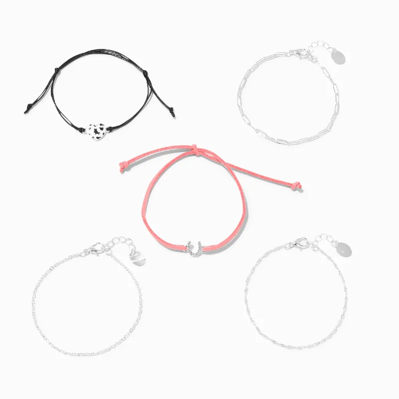 Claire's Silver Cowprint Heart Cowgirl Chain Bracelets - 5 Pack