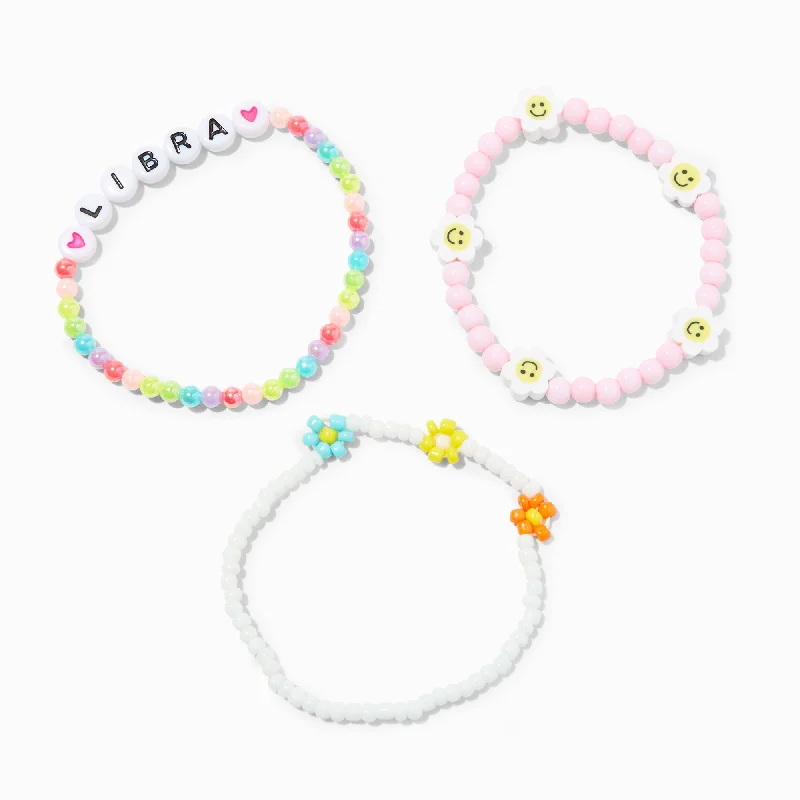 Claire's Zodiac Daisy Happy Face Beaded Stretch Bracelets - 3 Pack, Libra