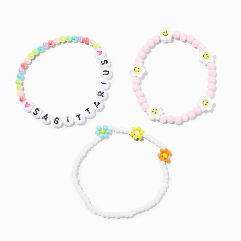 Claire's Zodiac Daisy Happy Face Beaded Stretch Bracelets - 3 Pack, Sagittarius