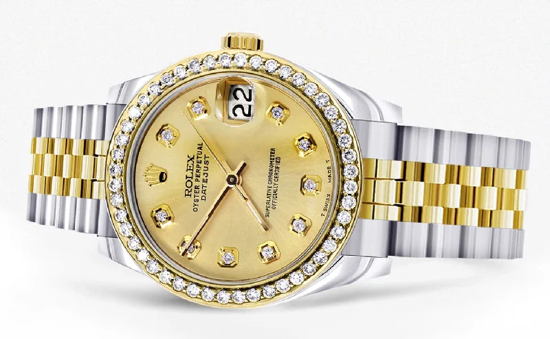 Diamond Gold Rolex Watch | Diamond Bezel | 31MM | Gold Diamond Dial | Jubilee Band