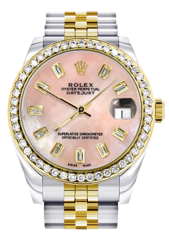 Diamond Gold Rolex Watch | Diamond Bezel | 31MM | Pink Mother of Pearl Diamond Dial | Jubilee Band