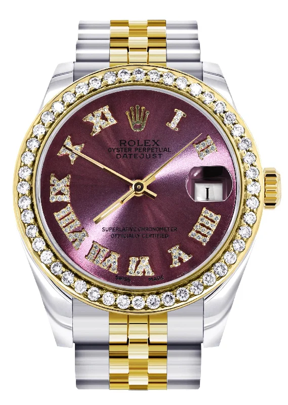 Diamond Gold Rolex Watch | Diamond Bezel | 31MM | Purple Roman Numeral Diamond Dial | Jubilee Band