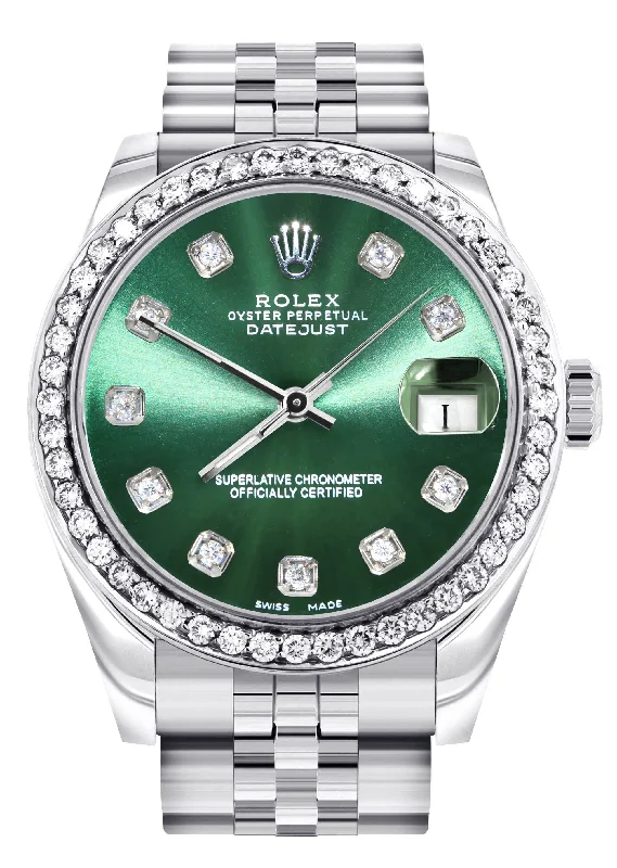 Diamond Rolex Watch | Diamond Bezel | 31MM | Green Diamond Dial | Jubilee Band