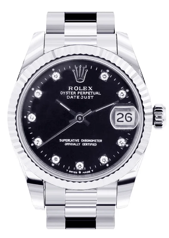 Rolex Datejust Watch For Women | Stainless Steel | Presidential Band | Custom Black Diamond Dial | 31 Mm