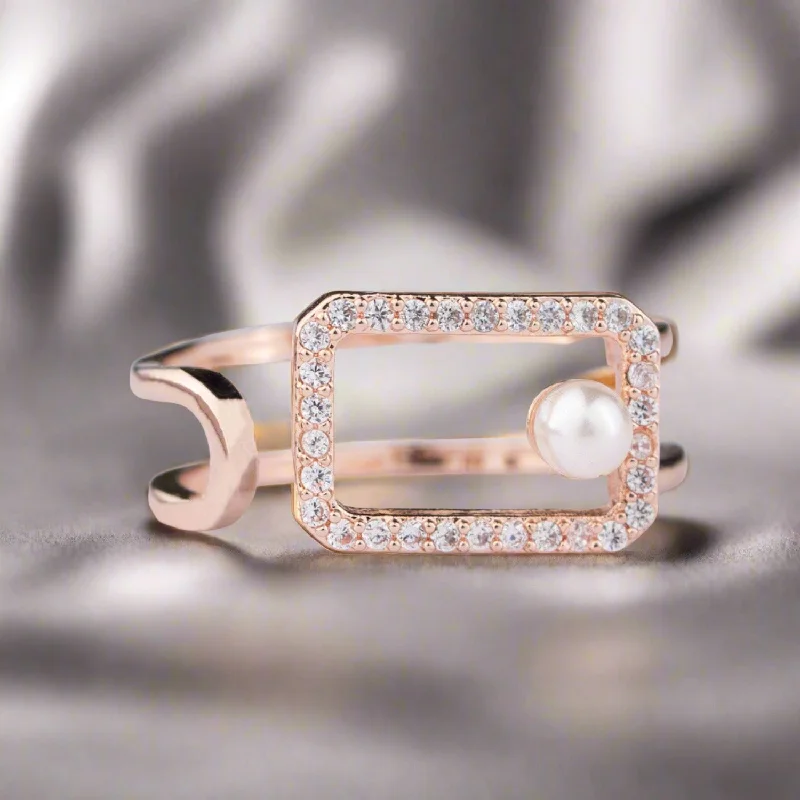 Rose Gold Pearl Diamond Adjustable Ring