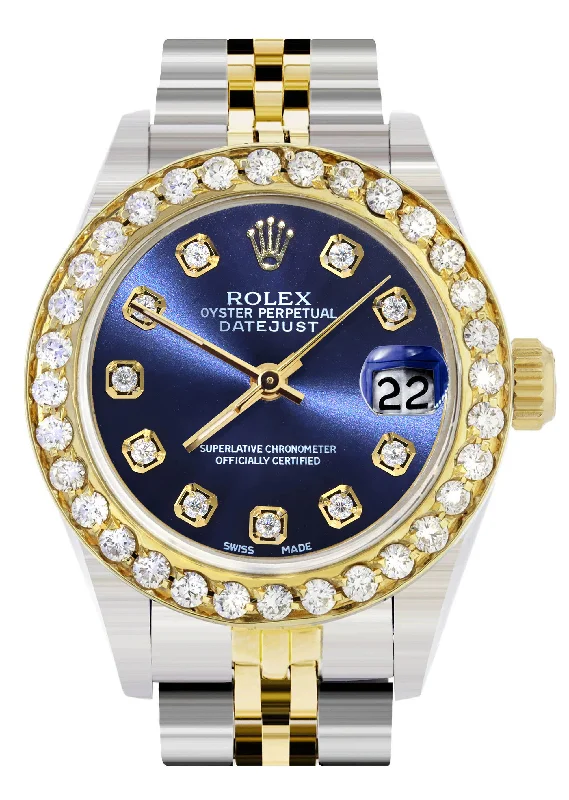 Womens Diamond Gold Rolex Watch | 1 Carat Bezel | 26Mm | Blue Diamond Dial | Jubilee Band