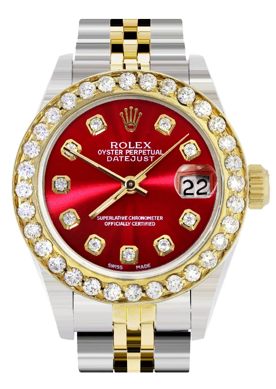 Womens Diamond Gold Rolex Watch | 1 Carat Bezel | 26Mm | Red Diamond Dial | Jubilee Band