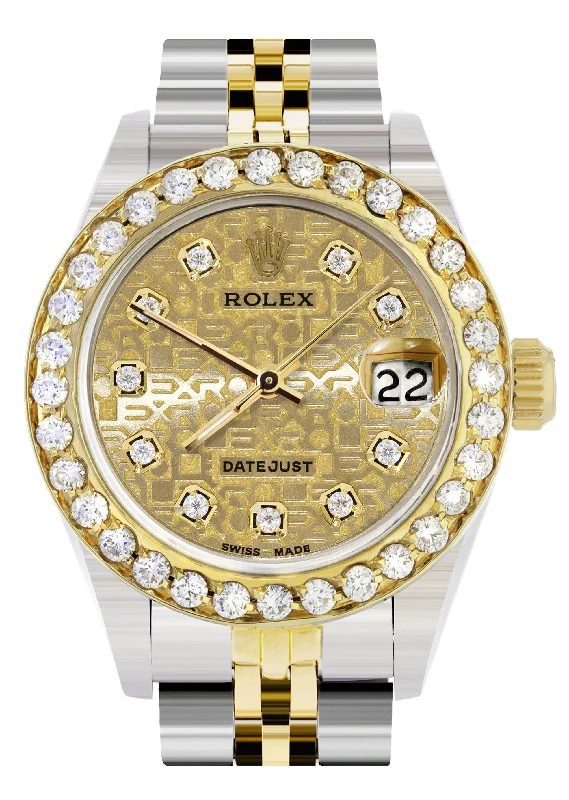 Womens Diamond Gold Rolex Watch | 1 Carat Bezel | 26Mm | Texture Gold Diamond Dial | Jubilee Band