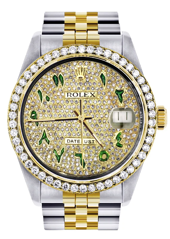 Womens Diamond Gold Rolex Watch 16233 | 36Mm | Custom Green Arabic Full Diamond Dial | Jubilee Band