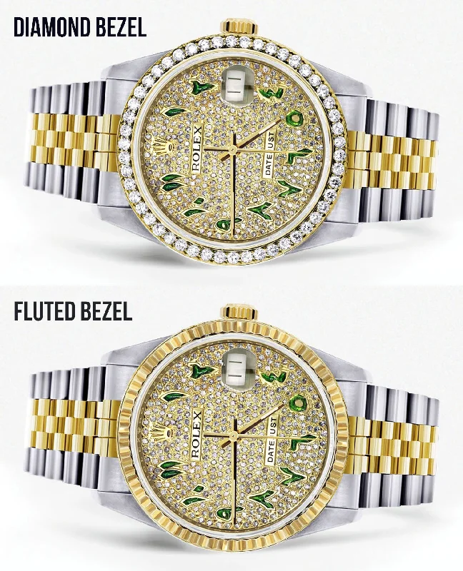 Womens Diamond Gold Rolex Watch 16233 | 36Mm | Custom Green Arabic Full Diamond Dial | Jubilee Band