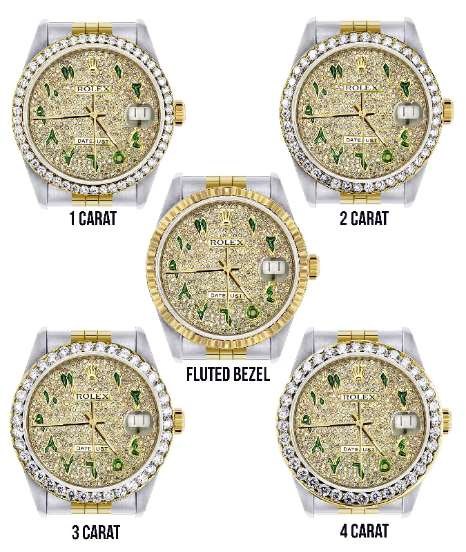 Womens Diamond Gold Rolex Watch 16233 | 36Mm | Custom Green Arabic Full Diamond Dial | Jubilee Band