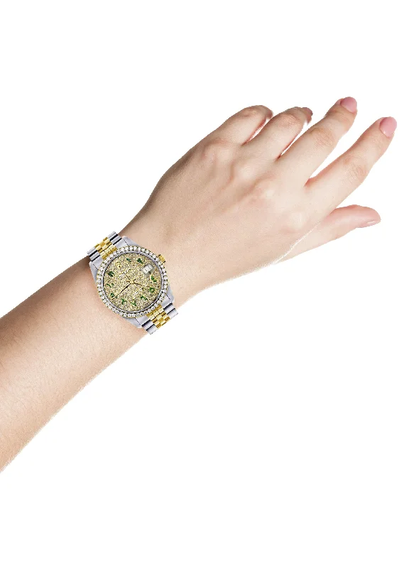 Womens Diamond Gold Rolex Watch 16233 | 36Mm | Custom Green Arabic Full Diamond Dial | Jubilee Band