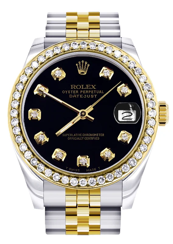 Womens Diamond Gold Rolex Watch | Diamond Bezel | 31MM | Black Diamond Dial | Jubilee Band