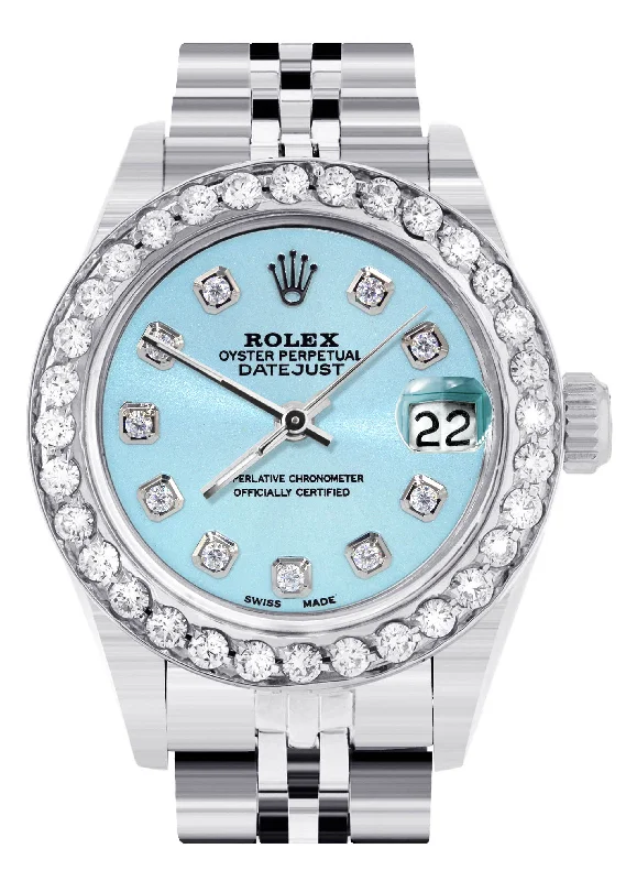 Womens Diamond Rolex Watch | 1 Carat Bezel | 26Mm | Light Blue Diamond Dial | Jubilee Band