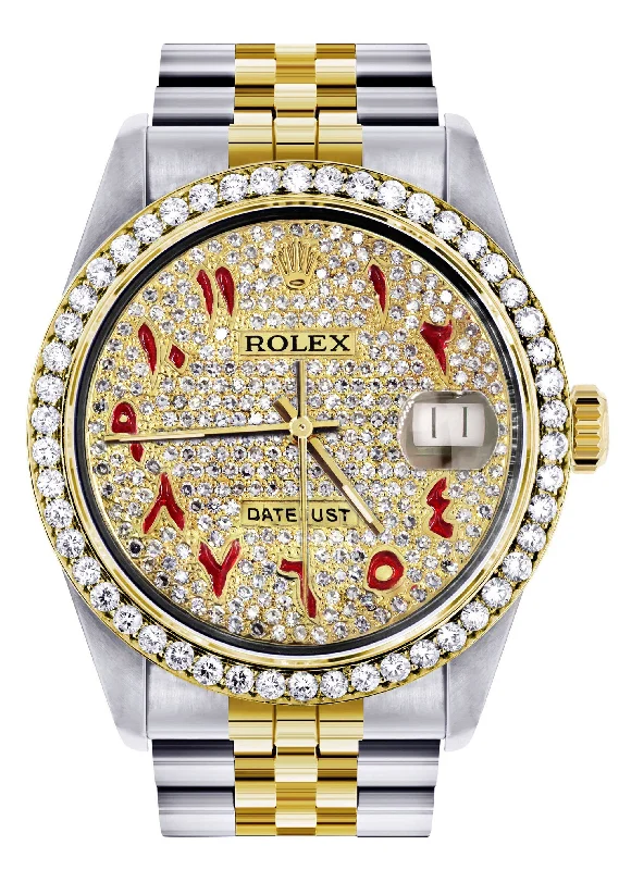 Womens Gold Rolex Watch 16233 | 36Mm | Custom Red Arabic Full Diamond Dial | Jubilee Band