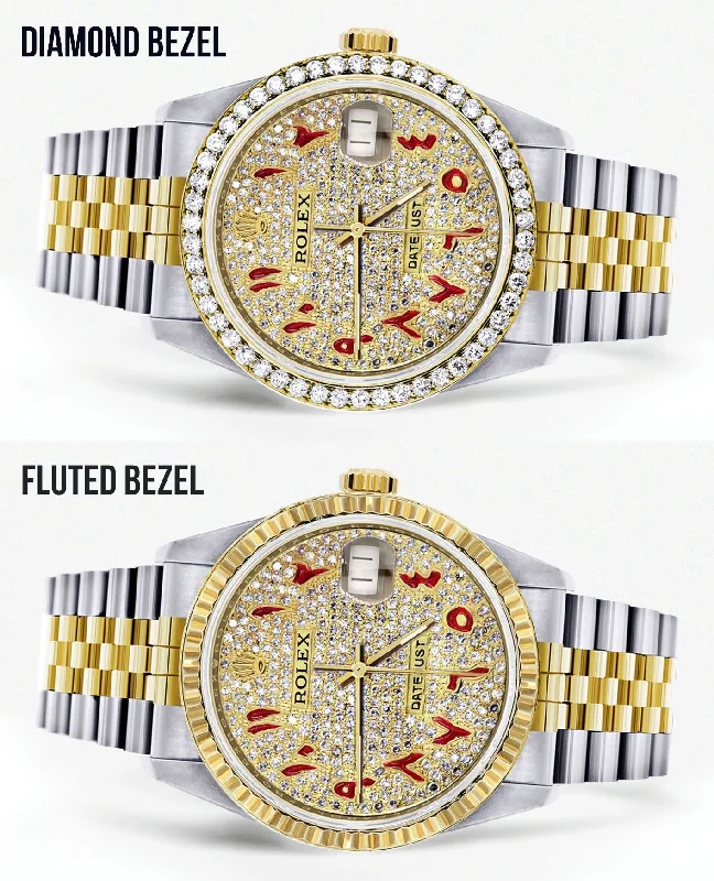 Womens Gold Rolex Watch 16233 | 36Mm | Custom Red Arabic Full Diamond Dial | Jubilee Band